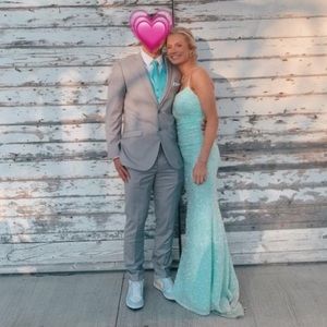 Aqua Blue Long La Femme Sequin Prom Dress